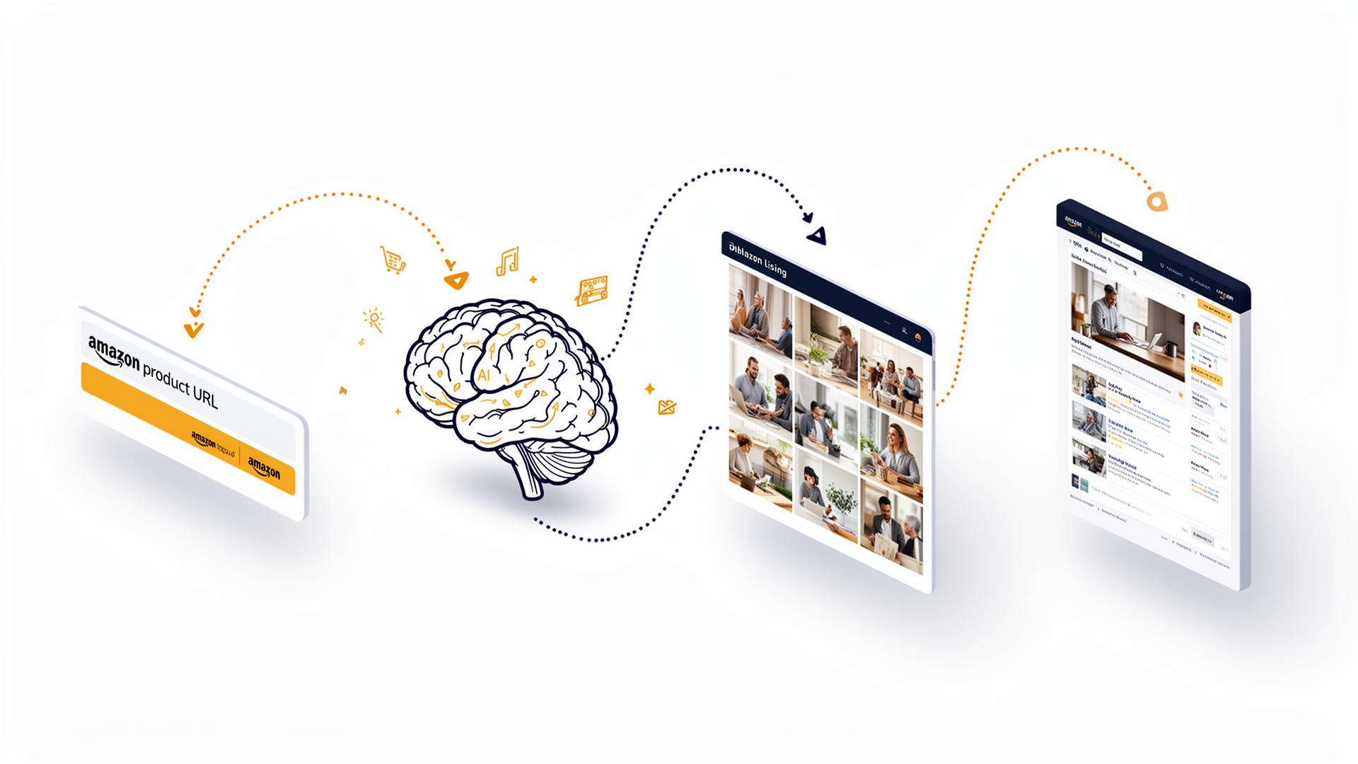 Selvio workflow: upload your product, AI design brief, generated lifestyle images, polished Amazon listing